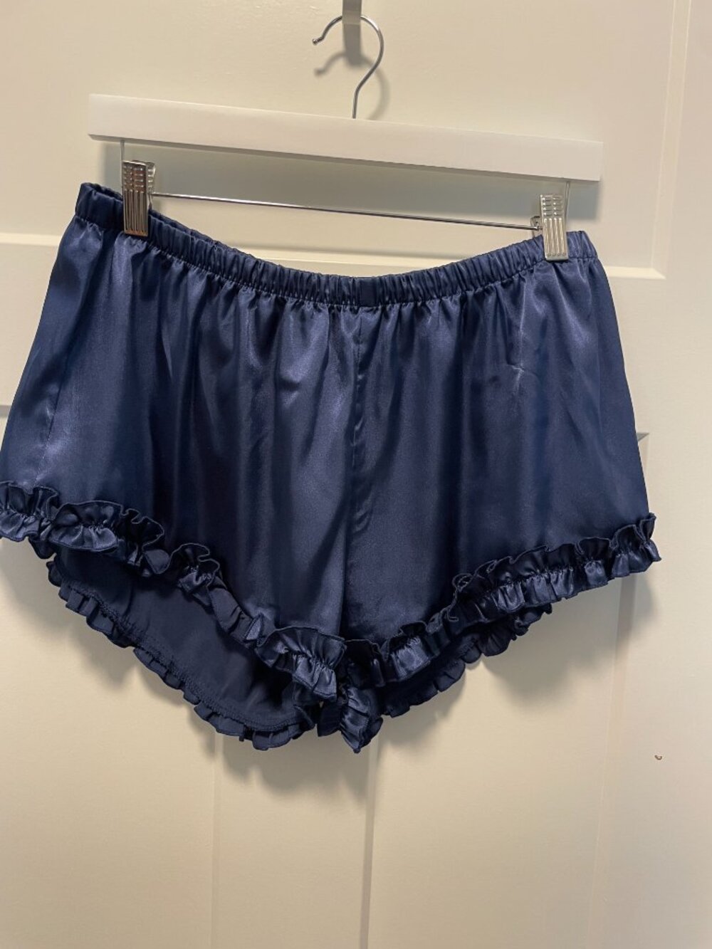 Satin Cami Ruffle Shorts Sleep Set Navy Blue Coquette Lounge Two Piece Size L/XL - Picture 9 of 14